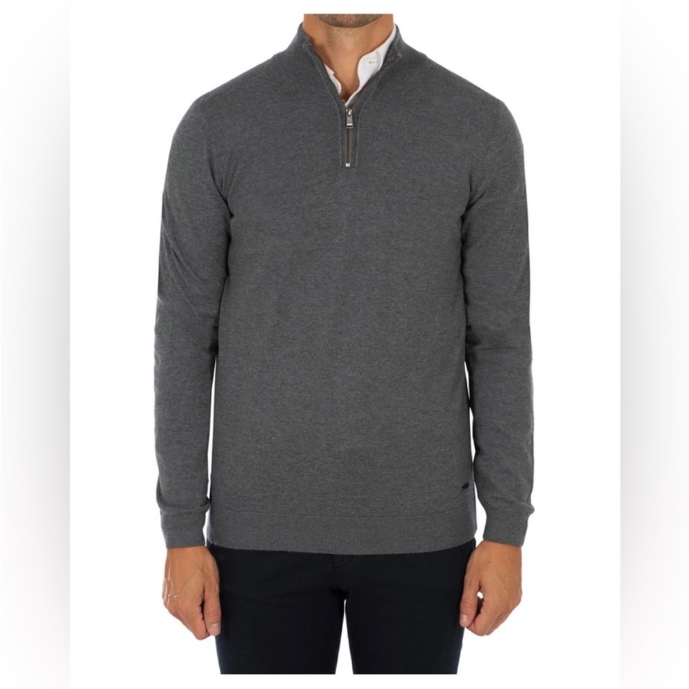 BOSS Hugo Boss Banello Extra Fine Merino Wool Slim Fit Half Zip Grey Sweater